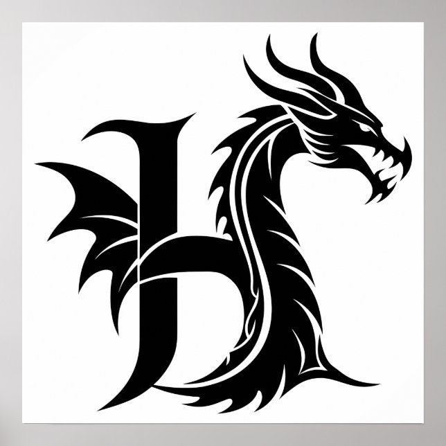 Póster Letra H de estilo dragón, alfabeto de dragón, mono (Frente)