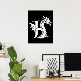 Póster Letra H de estilo dragón, alfabeto de dragón, mono