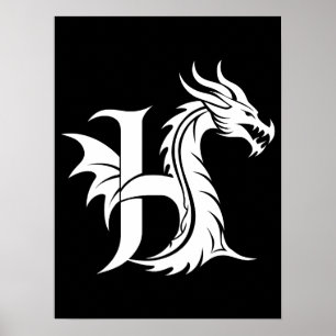 Póster Letra H de estilo dragón, alfabeto de dragón, mono