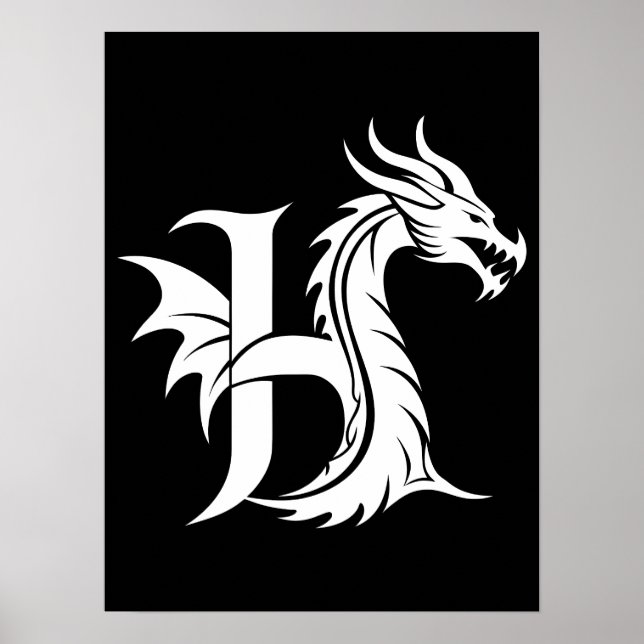 Póster Letra H de estilo dragón, alfabeto de dragón, mono (Frente)