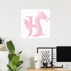 Póster Letra H de estilo dragón, alfabeto de dragón, mono