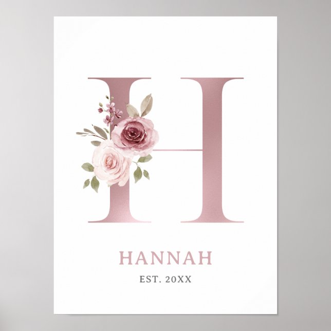 Póster Letra H Monograma Acuarela Rosa Floral Nursera (Frente)