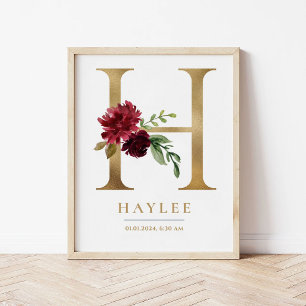 Póster Letra H Monograma Nombre Marsala Nursera Floral