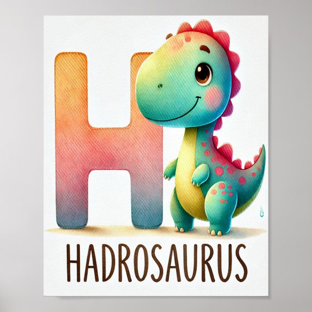 Póster Letra H, Poster de acuarela del alfabeto de dinosa (Frente)