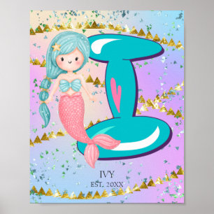 Póster Letra I Monograma Acuarela Cuta Cristales De Siren