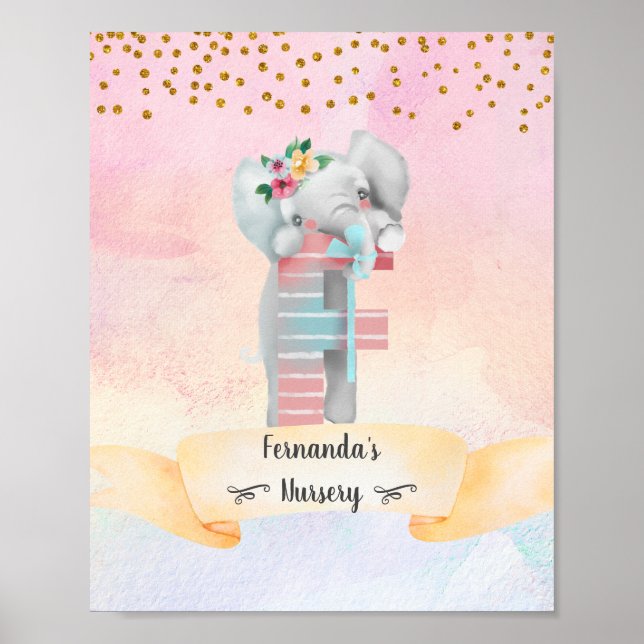 Póster Letra Inicial F Nursery Elefante Bebé Niña (Frente)