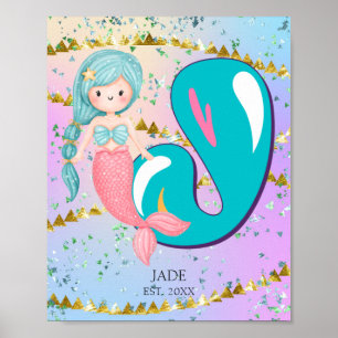 Póster Letra J Monograma Acuarela Cute Sirena Nursera