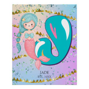 Póster Letra J Monograma Acuarela Cute Sirena Nursera