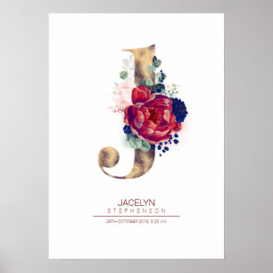 Póster Letra J Monograma Marina Floral Azul y Borgoña