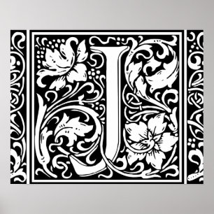 Póster Letra J Monograma Medieval Inicial Vintage