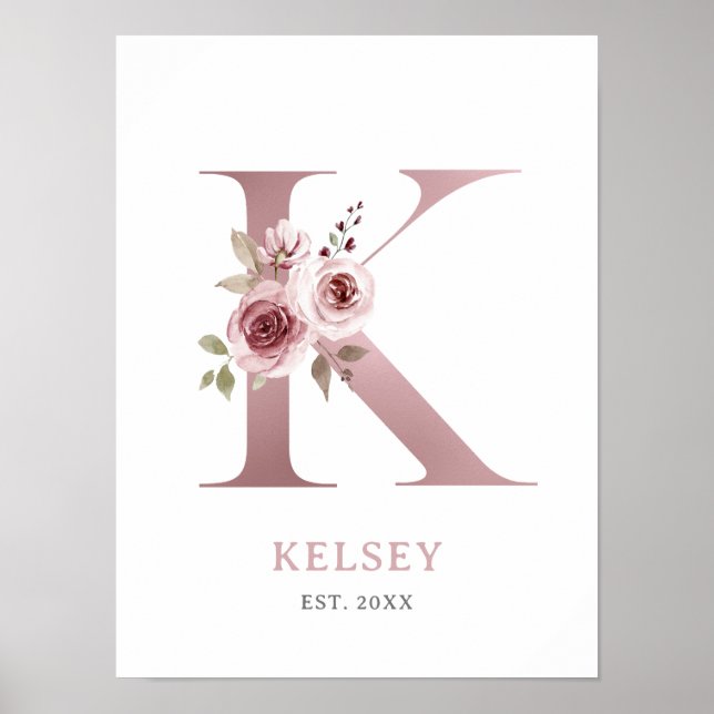 Póster Letra K monograma acuarela Rosa Floral Nursera (Frente)
