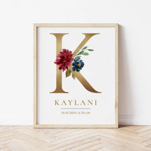 Póster Letra K Monograma Nombre Marsala Nursera Floral