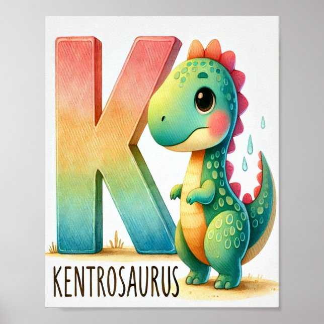 Póster Letra K, Poster de acuarela del alfabeto de dinosa (Frente)