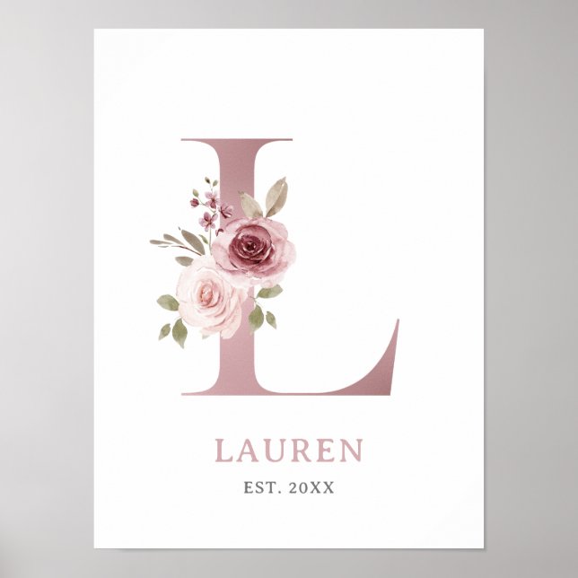 Póster Letra L Monograma Acuarela Rosa Floral Nursera (Frente)