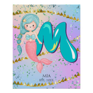 Póster Letra M Monograma Acuarela Cuta Cristales De Siren