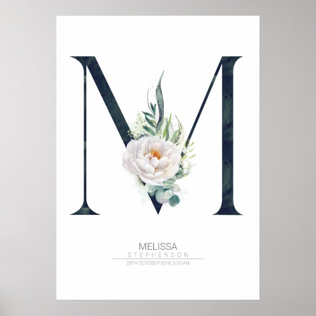 Póster Letra M Monograma Flores Blancas y Follaje (Frente)