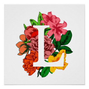 Póster Letra mayúscula L monograma floral