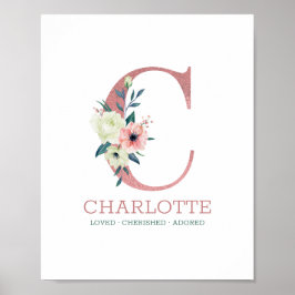 Póster Letra monograma C acuarela rosa Floral Nursera