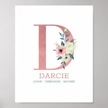 Letra monograma D acuarela rosa Floral Nursera