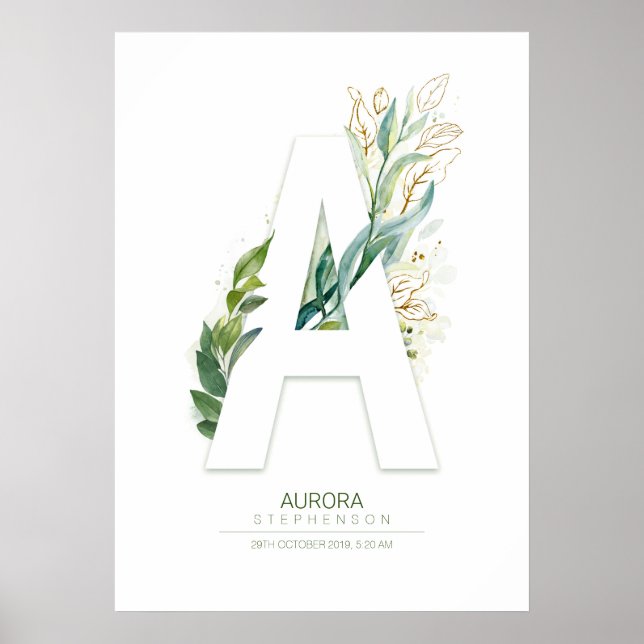 Póster Letra Monograma Dorado Follaje Verde Chic (Frente)