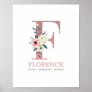 Póster Letra Monograma F Acuarela Rosa Floral Guardería