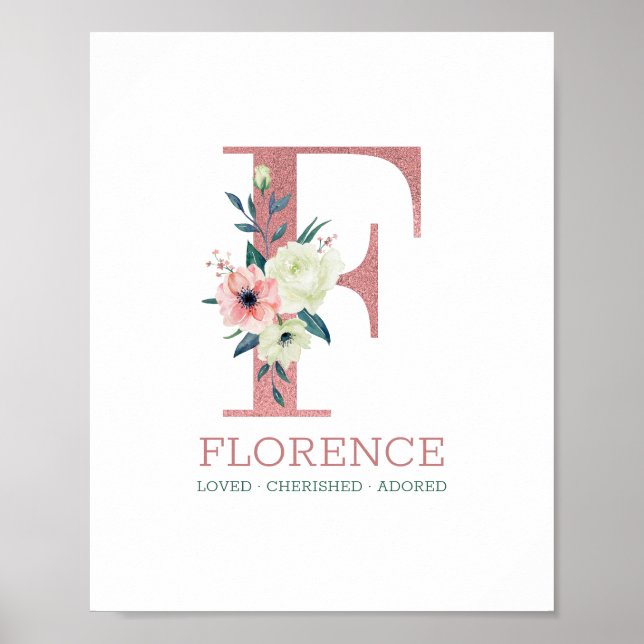 Póster Letra monograma F acuarela rosa Floral Nursera (Frente)