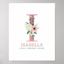 Póster Letra monograma I acuarela rosa Floral Nursera