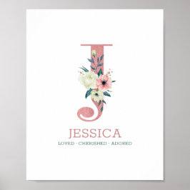 Póster Letra monograma J acuarela rosa Floral Nursera