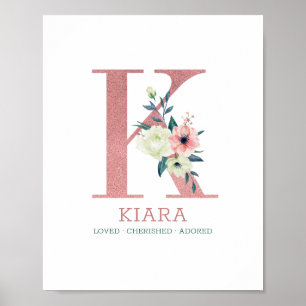 Póster Letra Monograma K Acuarela Floral Rosa Guardería I