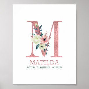 Póster Letra Monograma M Acuarela Rosa Floral Guardería