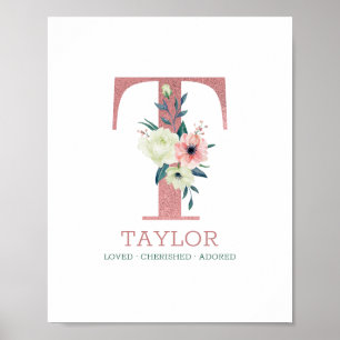 Póster Letra Monograma T Acuarela Floral Rosa Guardería I