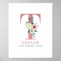 Letra monograma T acuarela rosa Floral Nursera