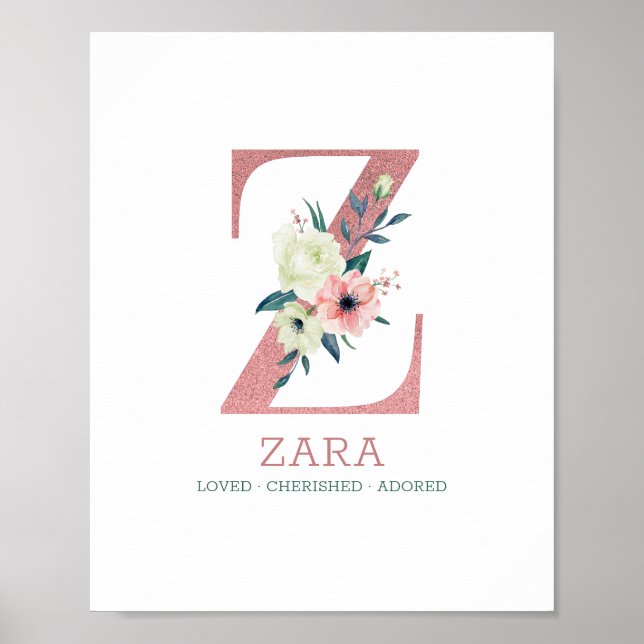 Póster Letra monograma Z acuarela rosa Floral Nursera (Frente)