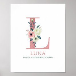 Póster Letra monogramo l acuarela rosa Floral Nursera