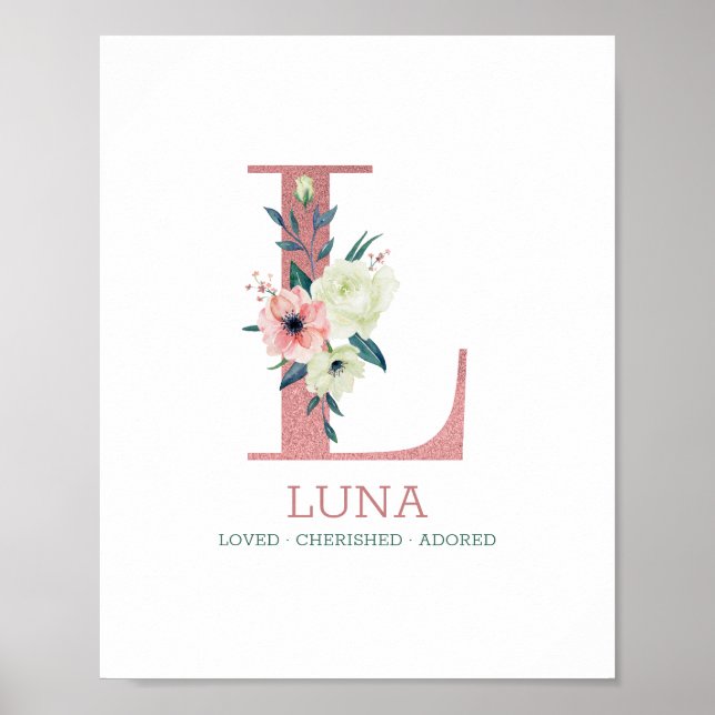 Póster Letra monogramo l acuarela rosa Floral Nursera (Frente)