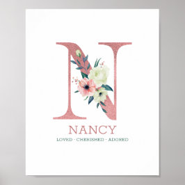 Póster Letra monogramo N acuarela rosa Floral Nursera