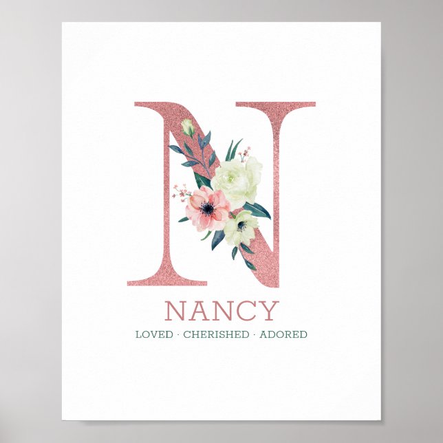 Póster Letra monogramo N acuarela rosa Floral Nursera (Frente)