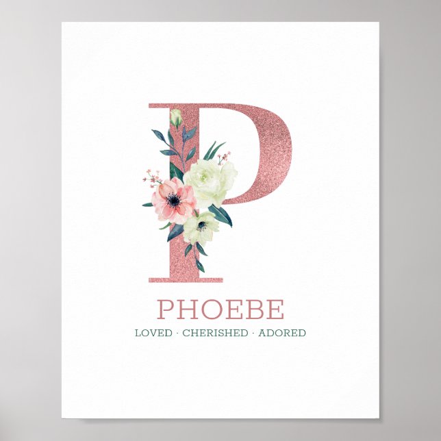 Póster Letra monogramo P acuarela rosa Nursera floral (Frente)