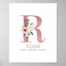 Póster Letra monogramo R acuarela rosa Floral Nursera