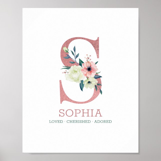 Póster Letra monogramo S acuarela rosa Floral Nursera (Frente)