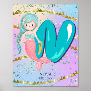 Póster Letra N Monograma Acuarela Cuta Cristales De Siren