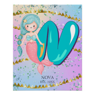 Póster Letra N Monograma Acuarela Cuta Cristales De Siren