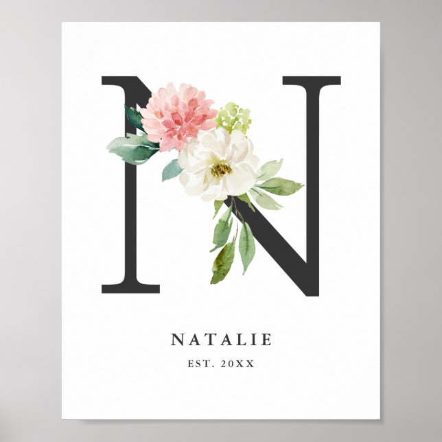Póster Letra N Monograma Acuarela Floral Peach (Frente)