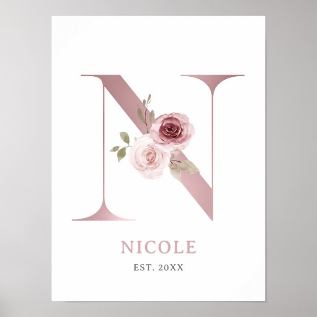 Póster Letra N Monograma Acuarela Rosa Floral Nursera (Frente)