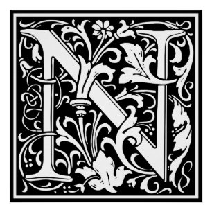 Póster Letra N Monograma Medieval Art Nouveau