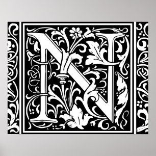 Póster Letra N Monograma Medieval Inicial Vintage