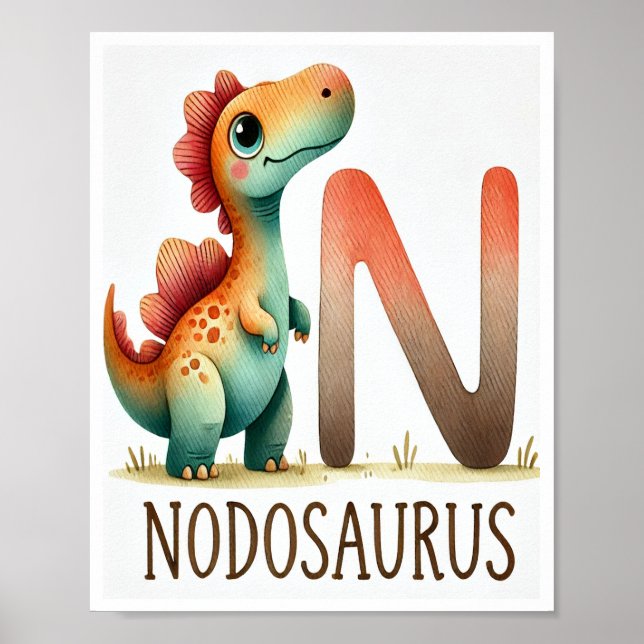 Póster Letra N, Poster de acuarela del alfabeto de dinosa (Frente)