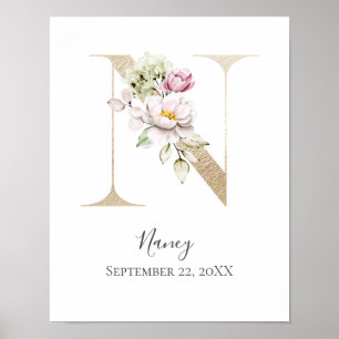 Póster Letra N Rosa Blanco Floral Dorado Guardería