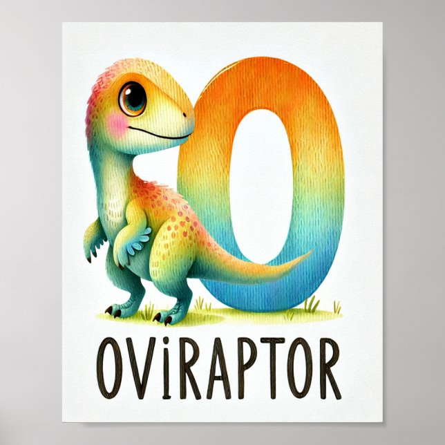 Póster Letra O, Poster de acuarela del alfabeto de dinosa (Frente)