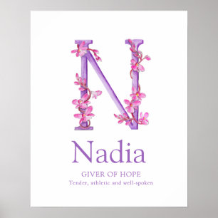 Póster Letra orquídea N Nadia nombre personalizado signif
